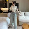 Jeans femme perle Design baril droit jambe large femmes Yang Yishan printemps taille haute à la mode plancher traînant pantalon