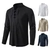 Koszulki męskie 2023 Męskie koronki z drzemką w wieku V Neck-Up Henley Shirt Solid Cotton Linen Loose Stojący kołnierz