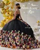 Noir 3D Floral Princesse Quinceanera Robes Puffy Jupe Hors Épaule À Lacets Corset Prom robes de 15 ans Quinceaneras 2023