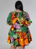 Robes Grande Taille Femmes Dreeses 4XL O Cou Lanterne Manches Imprimé Une Ligne Causal Soirée Clubwear Robes De Bal Floral Tenues D'été