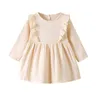 Mädchen Kleider 1-5Y Mode Kinder Kinder Baby Mädchen Herbst Party Kleid Rüschen Langarm Solide Baumwolle Leinen Casual A-line Kleidung