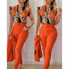 Femmes deux pièces pantalons été mode imprimer 2 ensemble femmes décontracté bouton volant manches chemise costumes femme col en v haut taille haute tenues