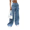 Women's Jeans Women Washed Large Pockets Vintage Blue Cargo Pants High Street Loose Denim Trousers Fashion Simple Casual Wide Leg