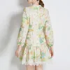 Casual Dresses Spring Summer Hollow Out Flower Print Retro A Line Mini Dress with Belt Lace Robe Vestido One Piece