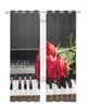 Cortina Piano Música Rosa Vermelha Flor Tule Cortinas Para Sala De Estar Quarto Cozinha Decoração Chiffon Puro Voile Cortina de Janela