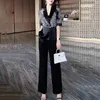 Kvinnors tvåbitar byxor Summer Printing Acicic Acic Acitic Short Sleeve Slim Jacket Black Suit Byxor Eleganta damer Wide Leg Set For Women