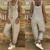 Kvinnors jumpsuits plus storlek 2023 Autumn Women Lose Casual Bib overaller Bomullslinne Rompers Long Solid Strappy Pockets Dungarees