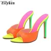 Eilyken Sexy Mule Bico Pontudo Salto Alto Chinelo Stripper Verão Moda Cor Misturada Slip On Slides Feminino Sapatos Festa Sandália L230518