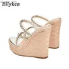 Eilyken 2023 nueva plataforma de cristal cuñas zapatillas verano Peep Toe zapatos mujer Sexy Super High Mules sandalias femeninas L230518