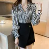 Blusas Femininas Camisas Femininas 2023 Moda Outono Chiffon Botão Notched Manga Longa Blusa Feminina Blusa Leopardo Estampada Camisa Top