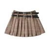 Jupes TVVOVVIN Lance Double Ceinture Marron Plaid Jupe Plissée Collège Style Taille Haute Mince A-ligne Doux Femmes M8JR