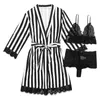 Vêtements de nuit pour femmes dames noir et blanc imprimé rayé pyjamas Robe ensemble dentelle Satin Sexy Lingerie service à domicile 3 pièces vêtements de nuit #4