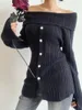 Kvinnors tröjor TVvovvin Pure Style från axeln långärmad stickad kvinnor Slouchy Pullover Soft Design Slim Top 0sdq