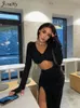 Two Piece Dress JuSaHy Elegant Solid Black Womens Pieces Sets Long Sleeves Crop Top High Waist Side Slit Skirts Matching Streetwear 230607