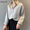 Женские блузкие рубашки Silk Korean Office Ladies Элегантная рубашка блузена женщина мода пуговица в атласную рубашку винтажные белые рубашки с длинным рукавом 11355 230607