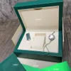 Hochwertige dunkelgrüne Uhrenboxen, Geschenkbox aus Holz für Rolex-Uhren, Broschüre, Karte, Etiketten und Papiere in englischer Sprache, Schweizer Uhren, Bo235I