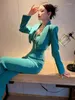 Kvinnors tvåbitar byxor Kvinnor bitar kostymer 2023 Spring Autumn Lady Long Sleeve Blazer Coat Tops Jumpsuit Set