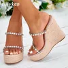 Eilyken 2023 nueva plataforma de cristal cuñas zapatillas verano Peep Toe zapatos mujer Sexy Super High Mules sandalias femeninas L230518