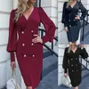 Abiti casual Donna Abito doppiopetto manica lunga con scollo a V Vita sottile Manica intera Rosso Primavera Autunno Donna Elegante Abbigliamento da ufficio