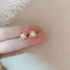 Stud Earrings Cute Female Small Round Pearl Crystal Stone Wedding Real 925 Sterling Silver For Women