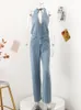 Damen-Overall, Strampler, modisch, ärmellos, Denim-Overall, Damen, Sommer, Y2K, Halter, rückenfrei, lang, weiblich, sexy, V-Ausschnitt, blau, gerader Overall 230609