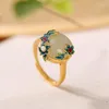 Cluster Rings Baifuming S925 Sterling Silver Gold-Plated Cloisonne Hetian Jade Pearl Ring Vintage Court Flower Ladies