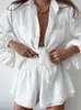 Kadınlar İki Parçalı Pantolon Kadın Günlük Gömlek Şort Yaz Moda Kişilik Uzun Kollu Gevşek Lady Basit Düz Renk Takım 230608