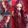 Rote Perücke, Burgunderrot, Echthaar-Perücken, lange gewellte Spitze, vorgezupfter Haaransatz für Frauen, gefärbt