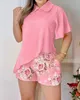 Womens Two Piece Pants Sets Women Outifits Summer Fashion Asymmetrical Hem TurnDown Collar Short Sleeve Top Floral Print Pocket Shorts Set 230608