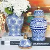 Bouteilles De Stockage Plaqué Or Pot De Gingembre En Porcelaine Bleue Et Blanche Avec Couvercles Bocaux En Céramique Général Rétro Boîte À Thé Vases Floraux Décoration De Bureau