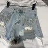 Womens Jeans Summer Luxury Crystal Chains Tassel Straight Denim Shorts Women Fashion Ripped Holes Fringed Jean 2023