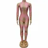 Stage Wear Sparkly Rhinestones Pink Printed Jumpsuit Elastic Skinny Long Sleeve Pole Dance Leotard Women Birthday Party Celebrate Costume