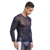 Men's T-Shirts Sky Blue See-through Fishnet Tshirt Men Sexy Long Sleeve Transparent Tee Shirt Homme Fitted Mesh Sheer Top Understshirts 230608