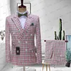 Ternos Masculinos Blazers Estilo 2023 Boutique Rosa Lattice Formal Negócios Conjunto Terno Masculino Noivo Vestido de Noiva Pesado Duplo 2 peças Jaqueta Calças 230609