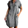 Jurken zomer casual dames knie lengte jurk mode afslaan kraag kraag korte mouw knopen denim shirt vrouw grote size Jean