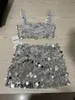 Abito a due pezzi PREPOMP 2023 Estate colletto quadrato senza maniche argento paillettes gilet donna crop top gonna corta set abiti GH550 230609