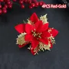 Flores decorativas 4 pçs 13 cm flor artificial glitter dourado falso enfeite de árvore de natal decoração de casamento feliz artesanato