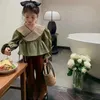Clothing Sets girls autumn Spring suit doll shirts wrinkled collar laceup Blouse split flared pants twopiece sets 230608