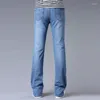 Jeans Masculino Vintage Primavera Verão Fino Casual Flare Zips Skinny Elástico Designer Calças Largas Calças Masculinas de Algodão Magras Preto Azul