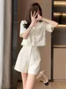 Work Dresses Summer V Neck Short Coat Casual Shorts 2 Piece Sets Women Outfit Office Lady White Pant Tweed