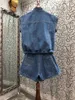 Women Dwuczęściowe spodnie 100%bawełniane denim krótkie zestawy wiosna lato 2 set damski patchwork Topscasual Blue Dżinsy Suits 230608