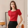 Kvinnors T-skjortor Summer Shirt Kvinnor Toppar Puff Sleeve Cotton Red T-shirt Kvinnliga fyrkantiga krage Kläder Folds Classic Tshirt Ruffles