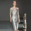 Silver Elegant Satin Mother Of The Bride Dresses Lace Appliqued Sheer Neck Sheath Knee Length Formal Party Gowns Half Sleeves Women Mother Wedding Short Gown CL2407