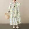 Party Dresses Summer Leaf Print Vintage Cotton Linen Short Sleeve Dress Women Loose Casual Beach Robe Ladies Oversized Clothing