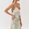 Tanques de mujer Combhasaki Mujeres Y2K American Retro See-through Lace Camis Spaghetti Straps Tie-Up Escote en V Sin mangas Tank Crop Tops Ruffle