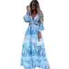 Robes décontractées coloré élégant vacances femmes robe de vacances pleine longueur printemps automne Maxi lanterne manches vêtements féminins