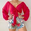 Women's Blouses 2023 Lace-up V-neck Blouse Sexy Open Navel Two-Piece Sets Summer Shirts Outfits For Women Tops Print 2 Piece Shorts 25340