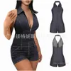 Summer Fashion Denim Jumpsuits Women Dress New Sleeveless Tight Zipper Neck Hanging Shorts Jumpsuit Bodysuit Jeans Woman