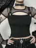 Damen T-Shirt AltGoth Y2k Mall Gothic T-Shirt Frauen Streetwear Harajuku Emo Alt Grunge Mesh Patchwork Cut Out Kurzarm Crop Tee Tops Femme 230608