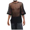 Men's T-Shirts Men's Fishnet Shirt Transparent Mesh Tops Half Sleeve O-Neck T-Shirt Solid Color See-Through Undershirt Camisa Masculina 230608